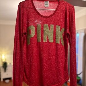 Victoria’s Secret PINK Heathered Red Top long sleeve GOLD LOGO M‎